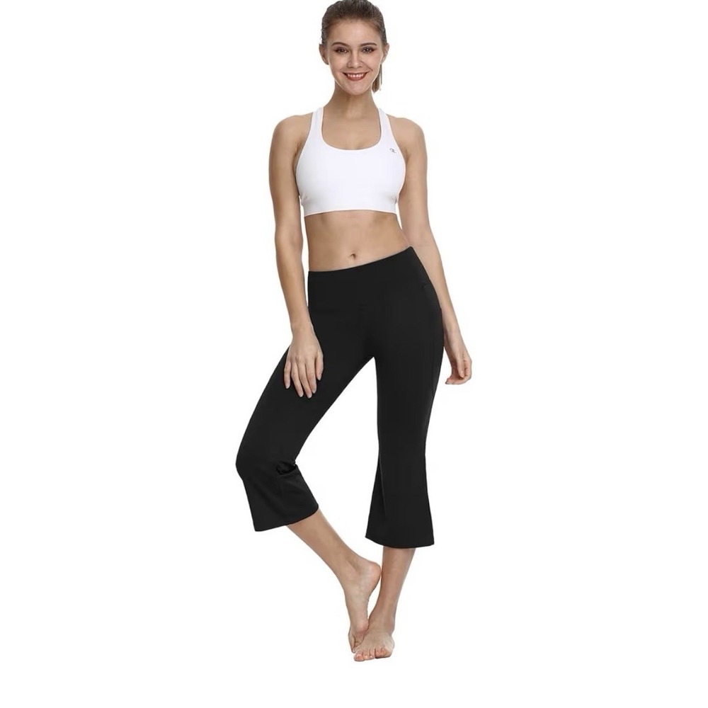 Baleaf Flare Capri Leggings W/ Pockets Women's LARGE Black EUC $33